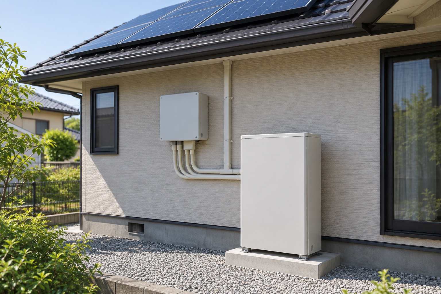 住宅の屋根の太陽光パネルと家庭用蓄電池(生成イメージ)