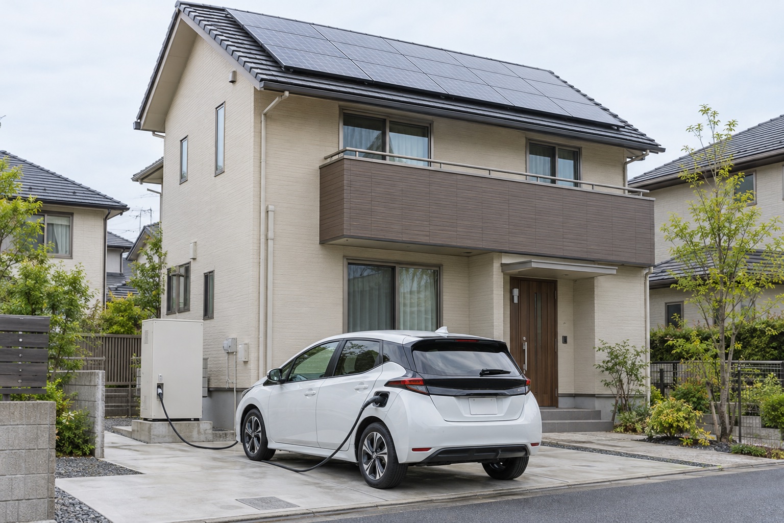 太陽光パネルのある住宅とV2H機器に接続した電気自動車（生成イメージ）