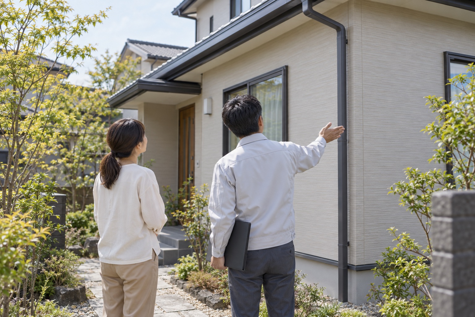 住宅の外壁を二人で確認する様子(生成イメージ)
