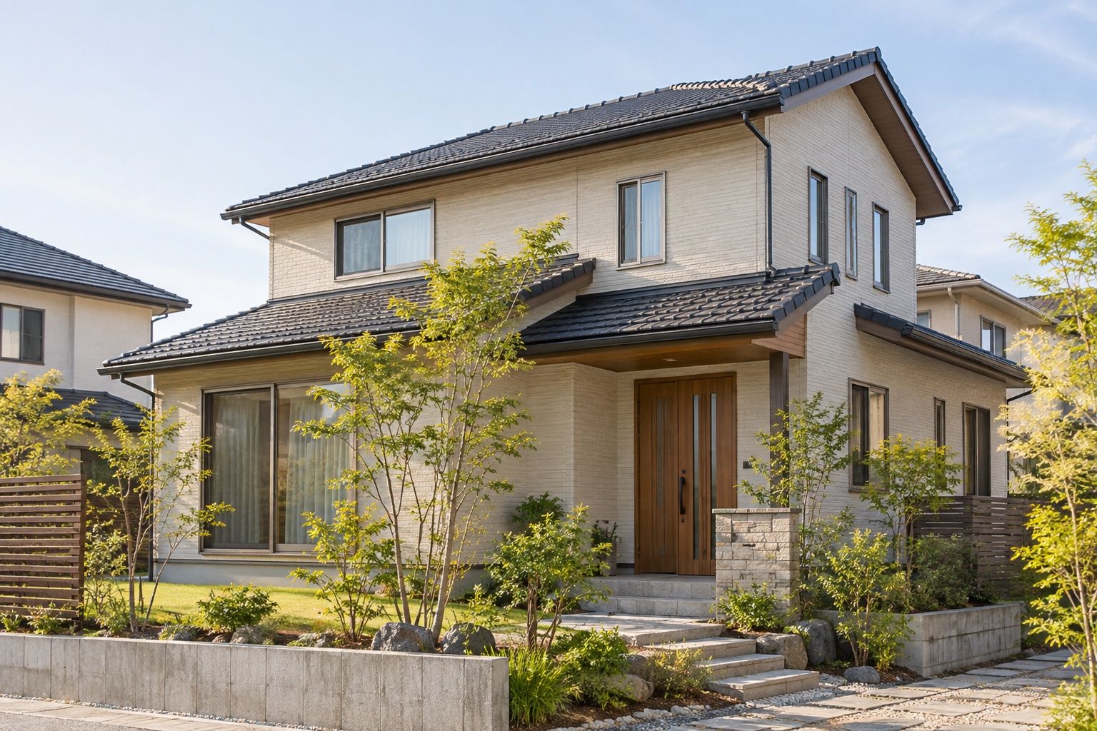 外壁・屋根・玄関と庭が見える日本の住宅（生成イメージ）